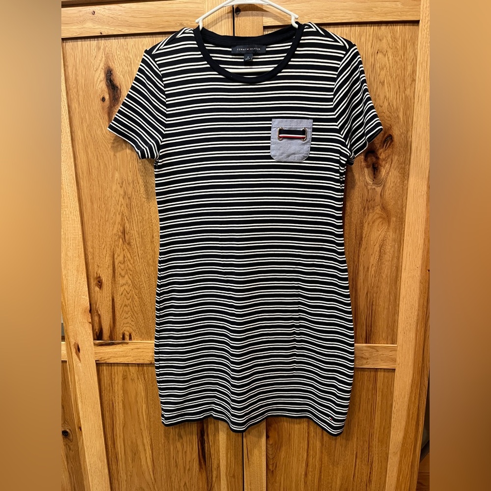 Tommy Hilfiger Women's Black White Stripes Mini Dress 100% Cotton Size Medium